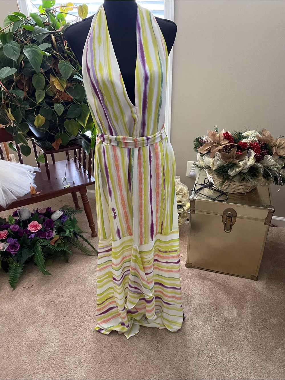 Jennifer Lopez Striped Halter Maxi Dress in Lime Green & Purple